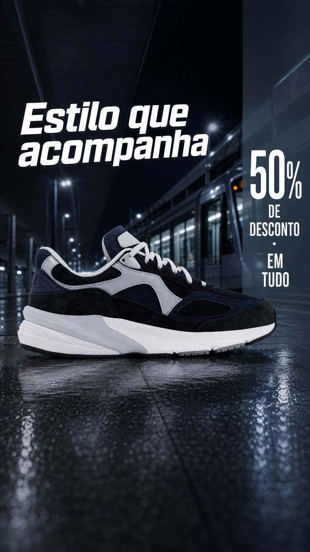 Zapatillas retro negras sin marca en un cartel editorial